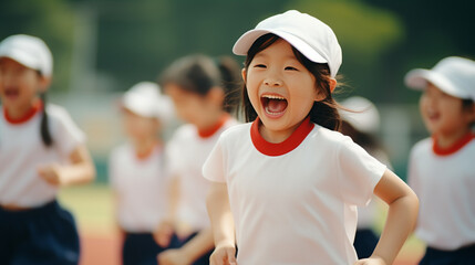 運動会で楽しそうに走ったり踊る子どもたち