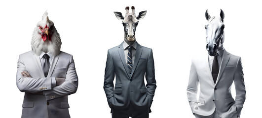 Set of creative animal head in business suit and standing posing, chicken, giraffe, horse, Contemporary art idea concept design, isolated on white and transparent background, ai generate