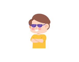 illustration of a boy posing coolly. Cross your arms and wear glasses. confident and cool. cute and adorable boy character. flat or cartoon people illustration design. vector elements. white