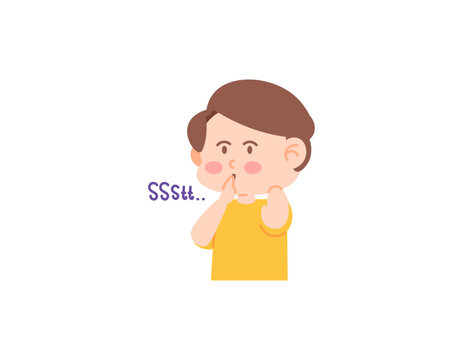 illustration of a boy shushing. ordering or telling people to be quiet and calm. cute and adorable boy character. facial expression. flat or cartoon people illustration design. vector elements