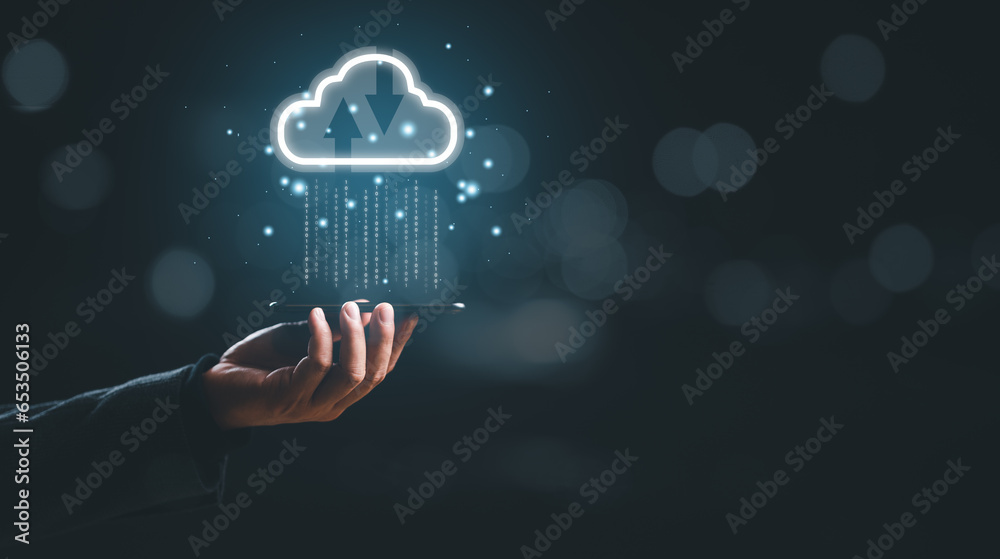 Poster hand holding mobile smart phone with virtual cloud computing to transfer data information and upload