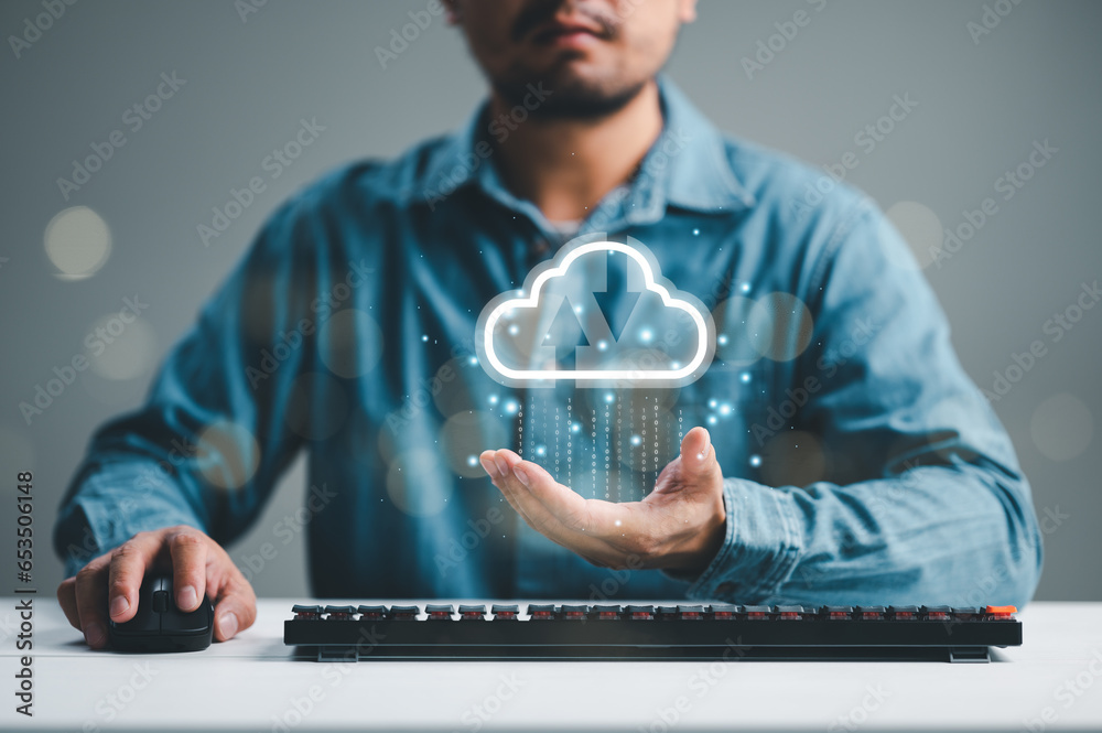 Poster hand holding virtual cloud computing to transfer data information and upload download application. t