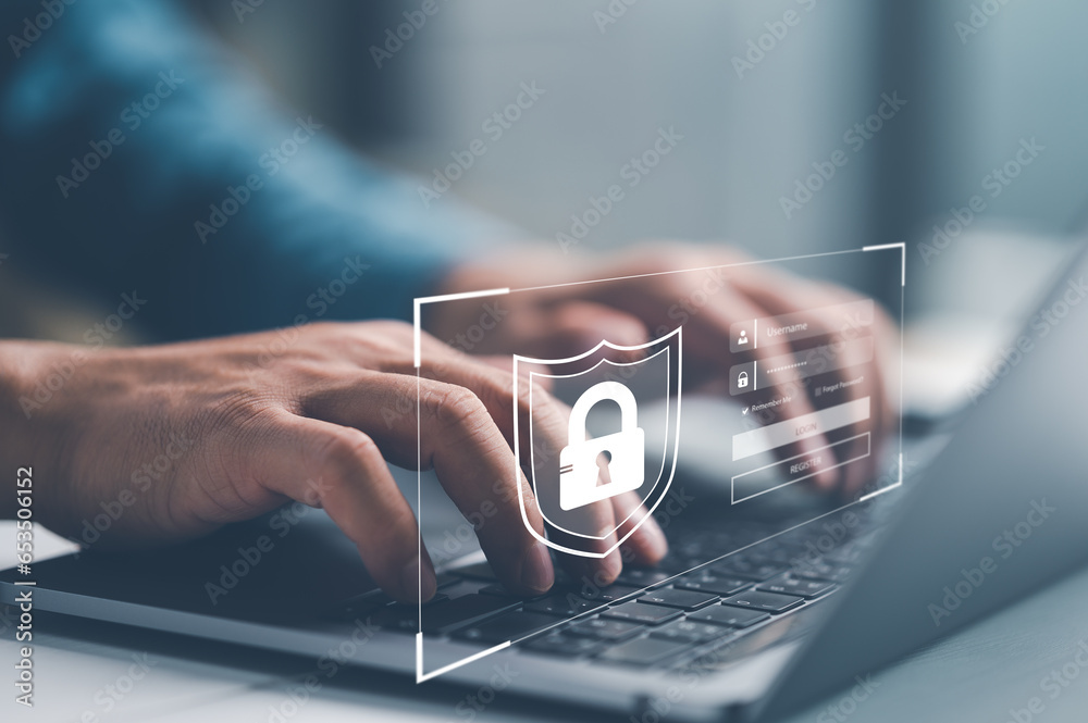 Poster user authentication system with username and password, cybersecurity concept, information security a
