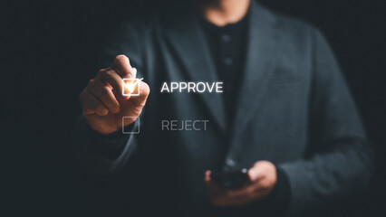 Businessman writing or tick correct mark to approve document and project concept, Evaluation form,...