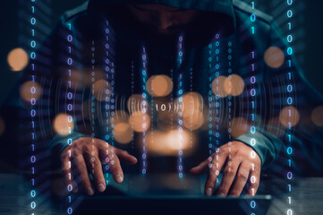 cybersecurity concept identity theft, Database hacks, internet cyber crime. Hacker in hoodie dark...