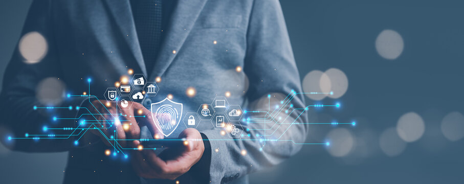 Online transaction security, cyber security digital technology, business people use fingerprints to access personal cybersecurity, keeping users' personal information safe, secure internet access.