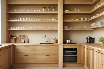 Kitchen interior in eco style and furniture made of natural wood. Open storage on shelves, natural materials in interior design