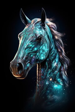 Mystical Fairy-Tale Rainbow Colorful Horse in Starlight, Art Illustration space, made of stars and galaxies
