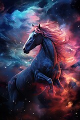 Obraz na płótnie Canvas A galaxy Rainbow Colorful Horse posture in the middle of dark space, astral, space 
