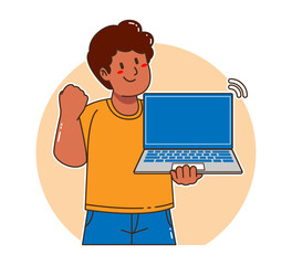 Fototapeta na wymiar Cartoon black man holding a laptop