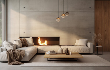 modern concrete living room with wall mounted fireplace