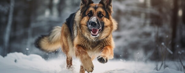 German shepherd dog running in snow