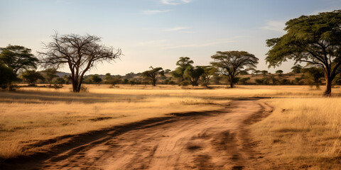 sunset in the countryside. Path in a savanna. Ground view angle.