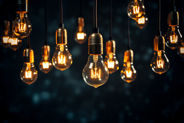Hanging light lamps with blurred dark background, generating ideas concept