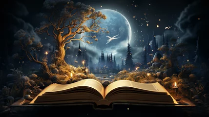 Foto auf Alu-Dibond Feenwald Magical open book with an astounding story telling background