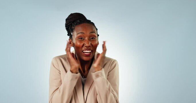 Wow, Black Woman And Shocked In Studio For Winner, Announcement And Giveaway With Blue Background. Surprised, Disbelief And Person With Excited Face For Success News, Bonus Prize And Lotto Promotion