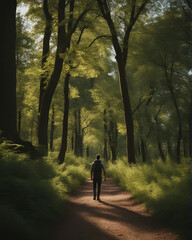 Fototapeta premium A man walks through a forest with trees and sky