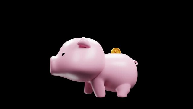 Piggy bank and coins 3D render animation loop on transparent background. Investment and saving money concept. Piggy bank and coins icon.