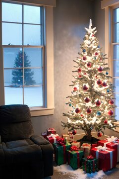 A christmas tree in a living room with presents on christmas morning during a snowstorm 
