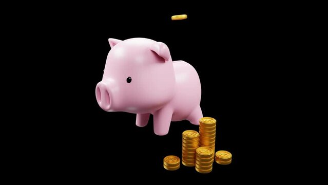 Piggy bank and coins 3D render animation loop on transparent background. Investment and saving money concept. Piggy bank and coins icon.