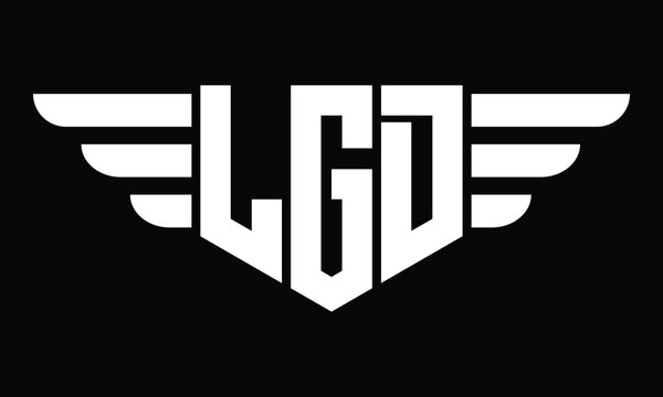 LGD three letter logo, creative wings shape logo design vector template. letter mark, word mark, monogram symbol on black & white.