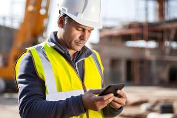  construction worker digital tablet texting cell phone at construction site 