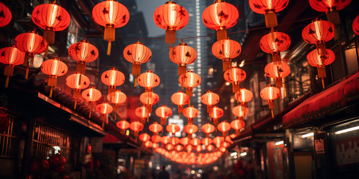 chinese lanterns at night,
Beautiful lit orange lanterns on the Street,
Chinese streets filled with lanterns with dim light