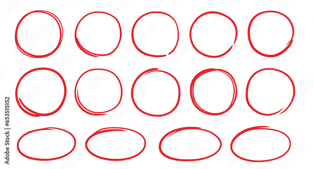 Poster Hand drawn red marker round frame. Hand drawn marker stroke style doodle red circle frame. Scribble round frame for check, text highlight. Grunge scratch style set. Vector illustration