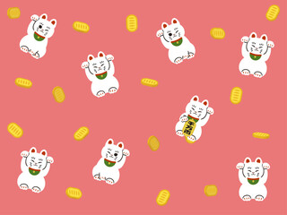 招き猫と散らばる小判の背景イラスト_ピンク
