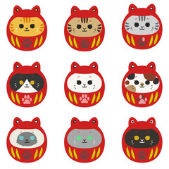 Fototapeta premium 色々な柄の猫の達磨イラストセット 