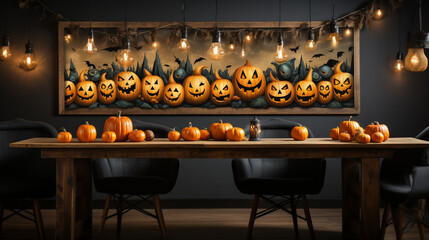 Halloween party at night, in living room - decorations with lanterns and pumpkins jack o lantern. ai - obrazy, fototapety, plakaty