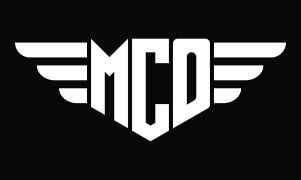 MCO three letter logo, creative wings shape logo design vector template. letter mark, word mark, monogram symbol on black & white.