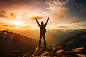 Fototapeta na wymiar Man with arms up celebrating on top of the mountains - Hiker enjoying freedom on a hill at sunset - Freedom, sport, success and mental health concept