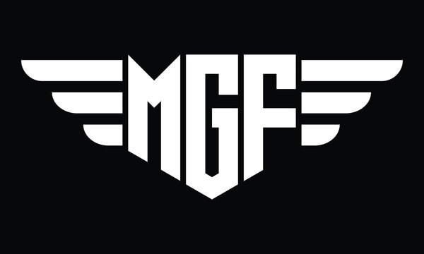 MGF three letter logo, creative wings shape logo design vector template. letter mark, word mark, monogram symbol on black & white.