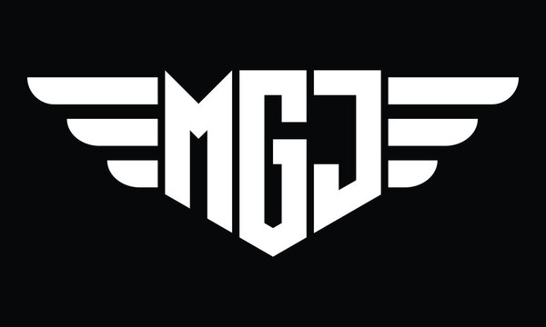 MGJ three letter logo, creative wings shape logo design vector template. letter mark, word mark, monogram symbol on black & white.