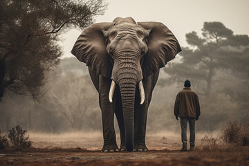 An elephant stands near a tree and a man - Generative AI