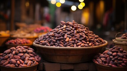 Cocoa beans in a basket on a market stall in Morocco