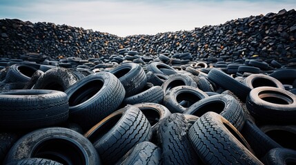 Photograph of a pile of old car tires lying on the ground. used car tires - obrazy, fototapety, plakaty