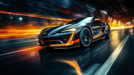 Photo of sports car accelerating on a neon highway. Powerful acceleration of a supercar on a night track with lights and tracks. Car lights at night, long exposure