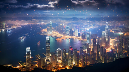 View from Victoria Peak with the sparkling city lights of Hong Kong - obrazy, fototapety, plakaty
