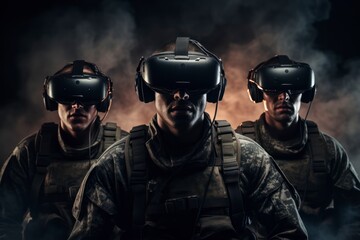 Israel team of three soldiers. Military VR technology. Soldiers wearing goggles.