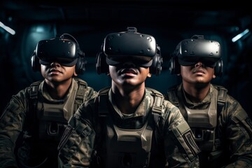 Israel team of three soldiers. Military VR technology. Soldiers wearing goggles.