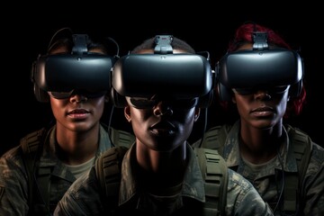 Photograph of a team of three soldiers. Military VR technology. Soldiers wearing goggles.