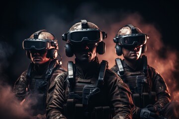 Photograph of a team of three soldiers. Military VR technology. Soldiers wearing goggles. - obrazy, fototapety, plakaty