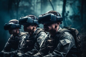 Fototapeta premium Photograph of a team of three soldiers. Military VR technology. Soldiers wearing goggles.