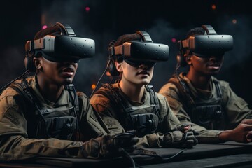 Photograph of a team of three soldiers. Military VR technology. Soldiers wearing goggles. - obrazy, fototapety, plakaty