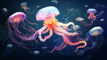 Vector art of creative ocean landscapes with jellyfish, octopus, narwhal, crab and seahorse.