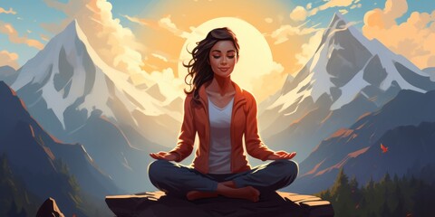 Vector art of a woman meditating. Practice yoga in lotus pose at the top of a mountain. Healthy lifestyle, self-care, mindfulness concept