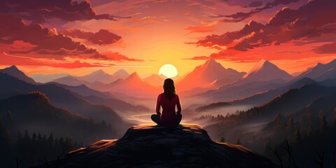 Vector art of a woman meditating. Practice yoga in lotus pose at the top of a mountain. Healthy lifestyle, self-care, mindfulness concept - obrazy, fototapety, plakaty