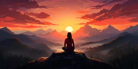 Fotobehang Vector art of a woman meditating. Practice yoga in lotus pose at the top of a mountain. Healthy lifestyle, self-care, mindfulness concept © sirisakboakaew